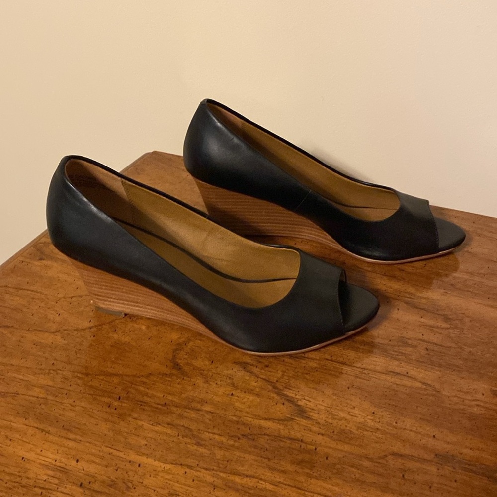 Black Peep Toe Wedges - Picture 2 of 8